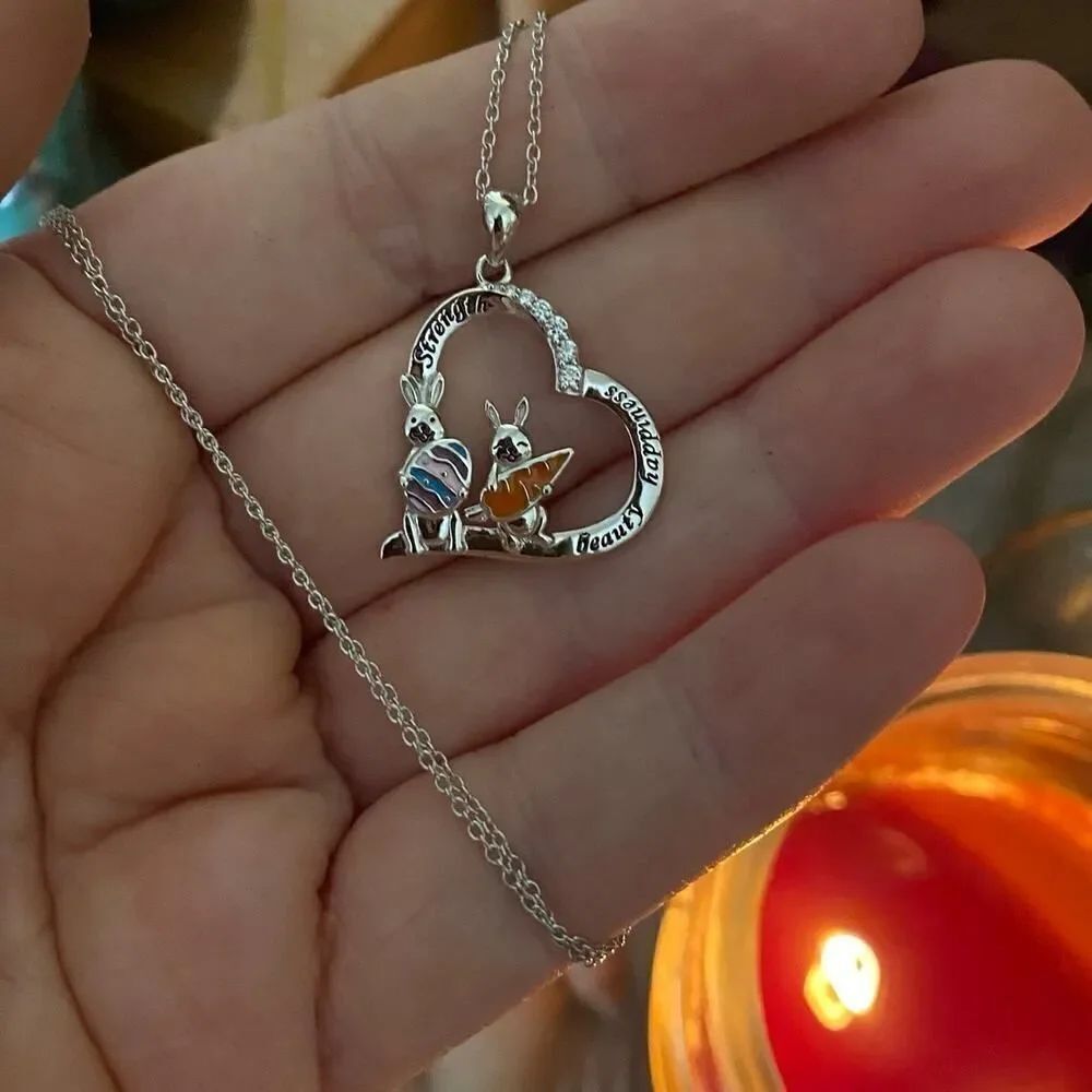 Bunny, Strength, Beauty, Happiness Heart CZ Necklace